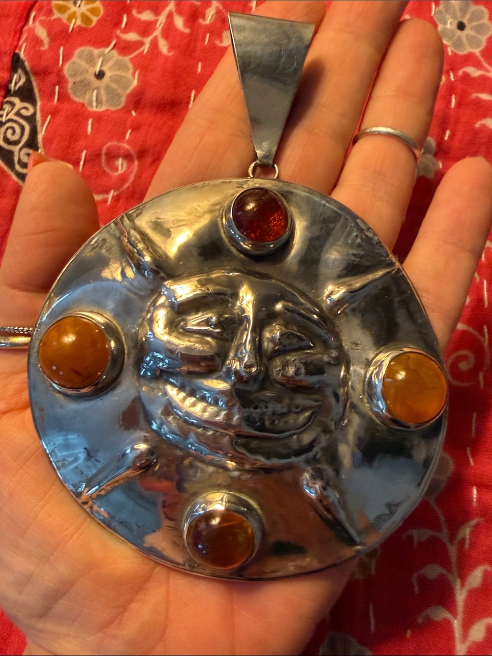 OOAK Sun Face Sterling Pendant with Amber Stones